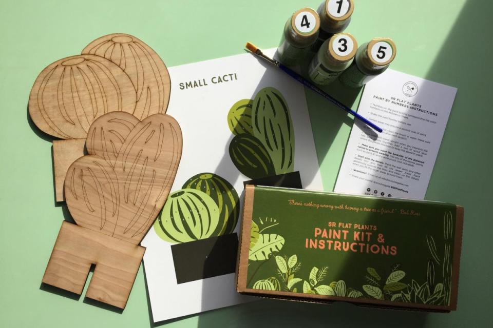 line drawn cactus plant with paint and paint brush and card with cactus